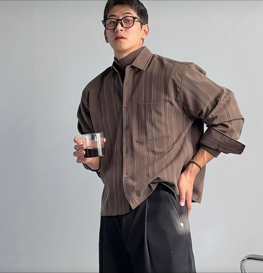 韓系復古直條紋襯衫 寬鬆長袖 工裝口袋設計