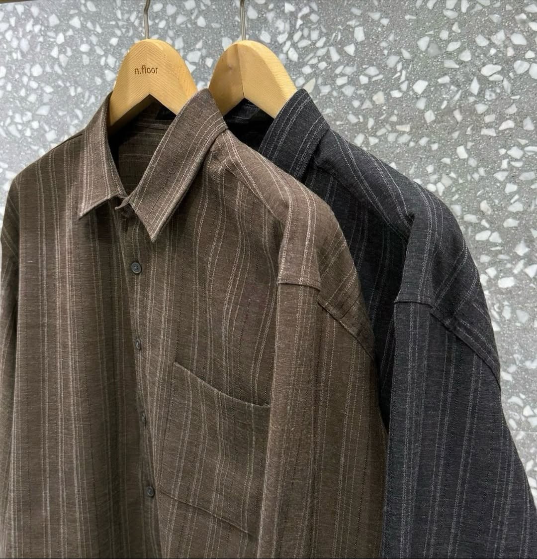 韓系復古直條紋襯衫 寬鬆長袖 工裝口袋設計