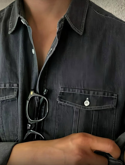 韓系 12oz 丹寧工裝襯衫 厚磅牛仔 雙口袋設計 寬鬆版型