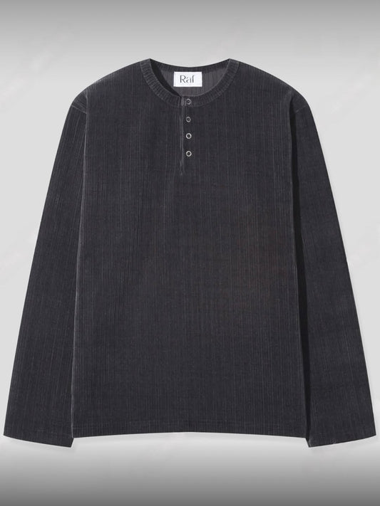 韓系立體條紋亨利領長袖上衣 復古紋理 寬鬆版型