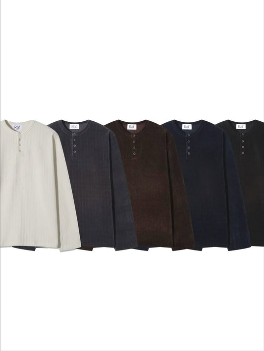 韓系燈芯絨亨利領長袖上衣 復古條紋紋理 寬鬆版型