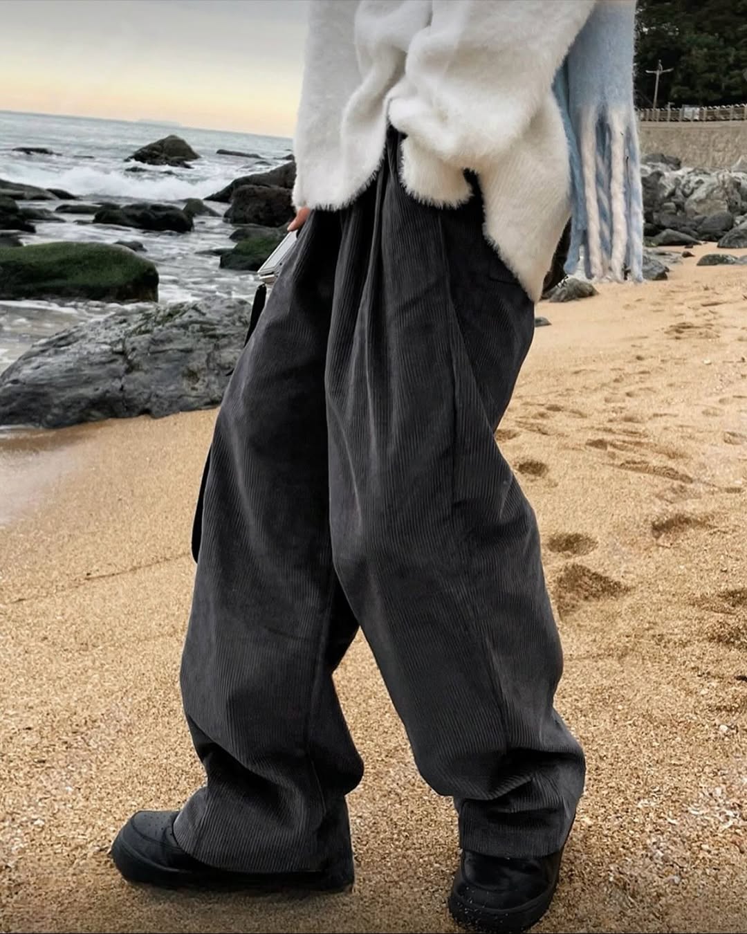 韓系高腰闊腿燈芯絨褲 男女同款 顯瘦直筒長褲