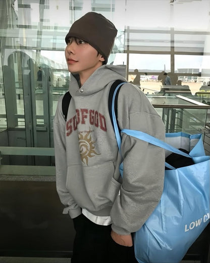 韓系圖騰印花連帽衛衣 寬鬆落肩