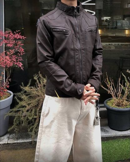 韓系小羊皮立領機車外套 男女同款 復古皮褸