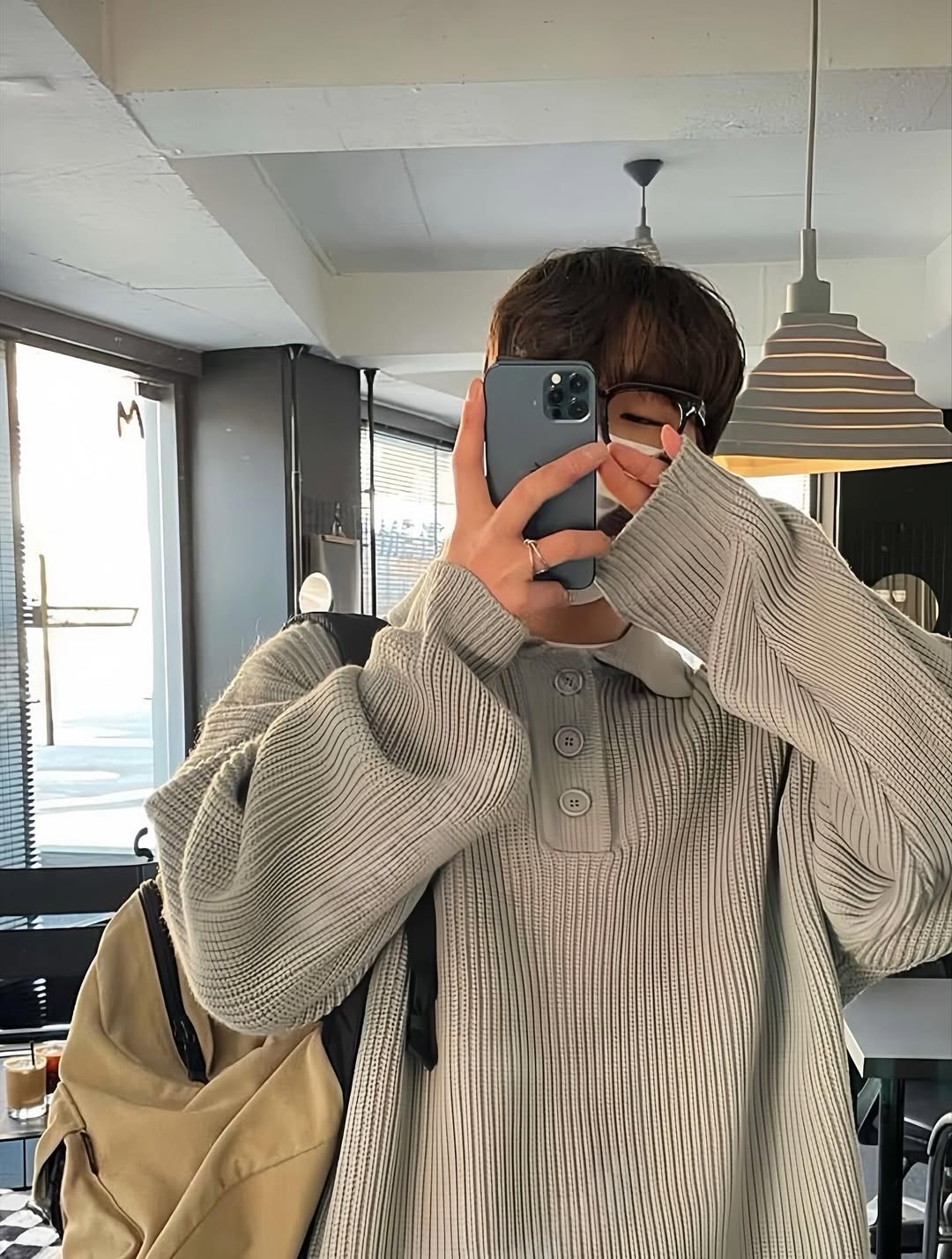 韓系針織 Polo 衫 寬鬆長袖 立體紋理翻領上衣