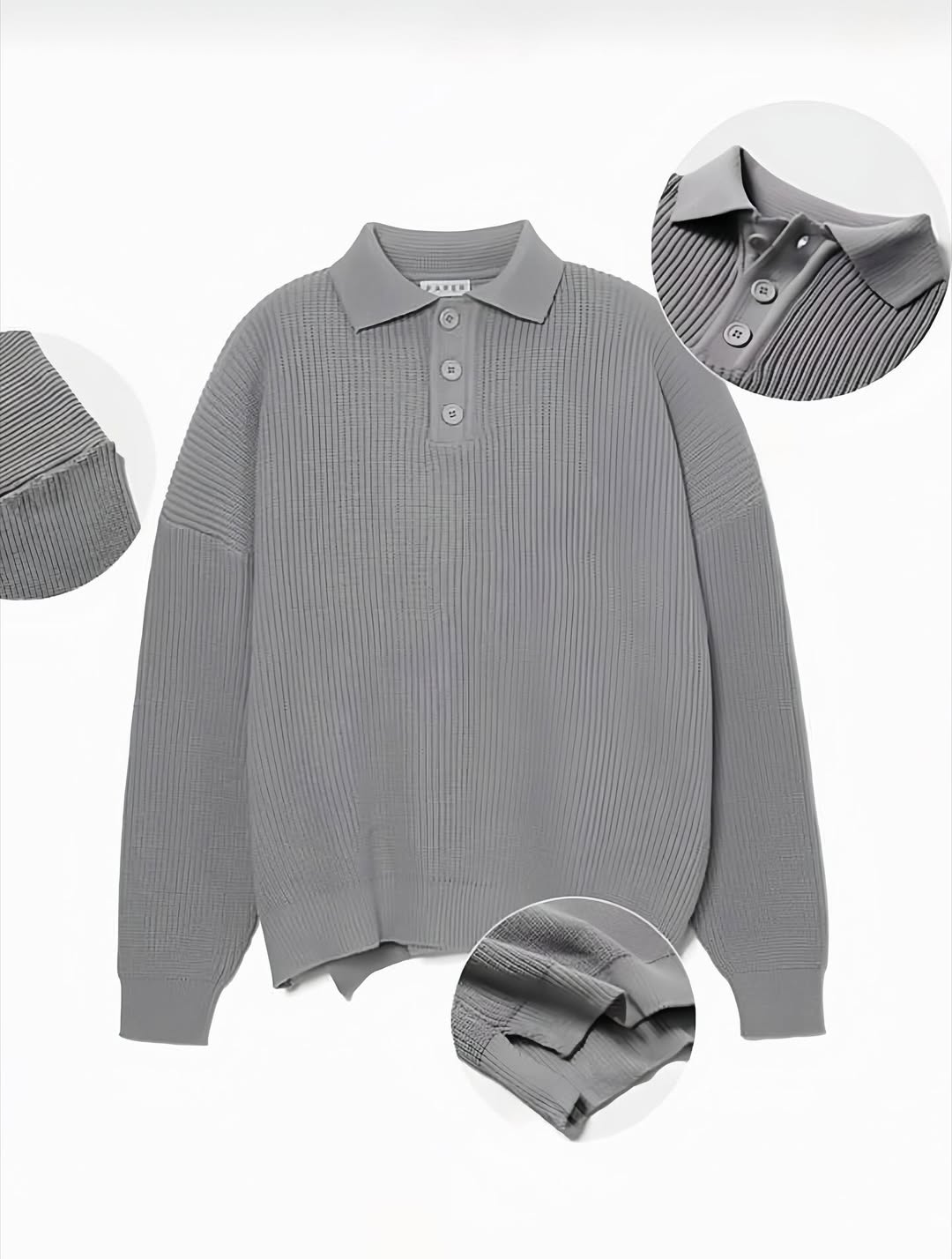 韓系針織 Polo 衫 寬鬆長袖 立體紋理翻領上衣