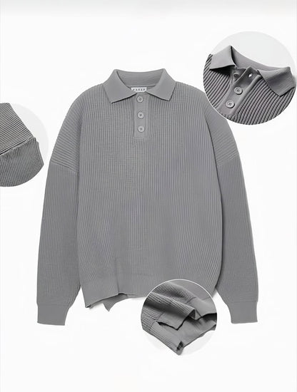 韓系針織 Polo 衫 寬鬆長袖 立體紋理翻領上衣