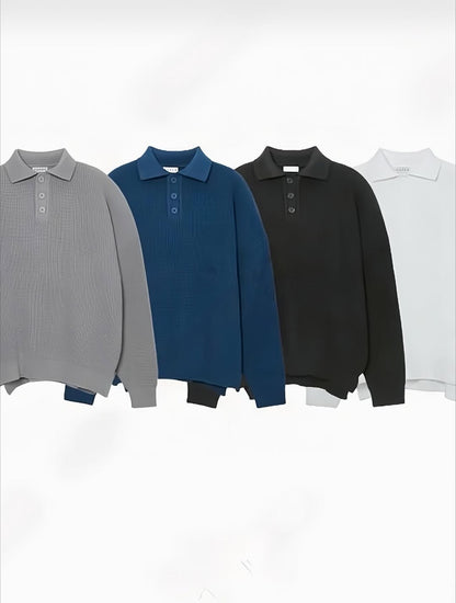 韓系針織 Polo 衫 寬鬆長袖 立體紋理翻領上衣