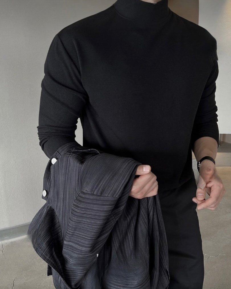 韓系細坑條半高領長袖 T 恤 修身版型 純色打底衫