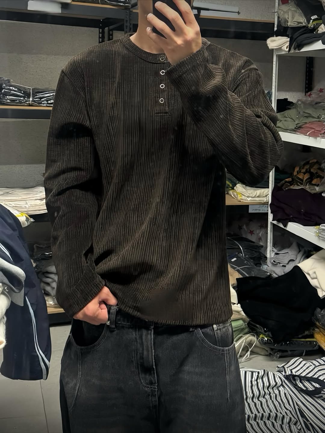 韓系立體條紋亨利領長袖上衣 復古紋理 寬鬆版型